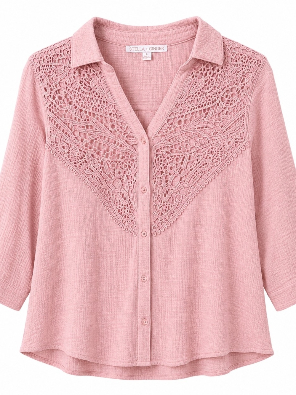 Stella + Ginger Women’s L Pink Crochet Lace Button Front Blouse 3/4 Sleeve